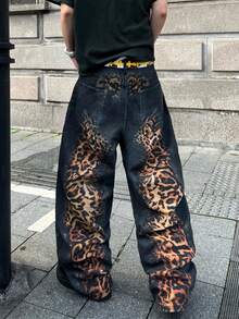 1pc Digital Print Loose Fit Casual Straight Leg Jeans, Comfortable Streetwear Style Pants For Men, Versatile All Season - الأسود - مشاهدة 7