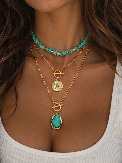 3pcs/Set Casual Style Green Crushed Stone Beaded Baroque Pendant Necklace, Fashion Versatile Women's Neck Jewelry Suitable For Daily Wear, Dating, Outing And Photography, The Size, Shape And Quantity Of Crushed Stones Are Random