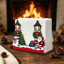 1pc Vintage Street Lamp Santa Claus Snowman Wooden Napkin Holder, Wreath Bell Mini Christmas Tree Design Desktop Tissue Box, Christmas Holiday Decoration Napkin Rack, Suitable For Kitchen Dining Room Party, Holiday Desktop Tissue Organizer - Multicolor - View 2