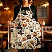 1pc Halloween Magic Party Print Apron - Halter Neck Sleeveless Design With Ghost, Pumpkin Lantern, Candy, Cauldron And Magic Wand Patterns, Suitable For Kitchen Cooking, Housework Cleaning And Halloween Party Use, Home Decor, Atmosphere Apron, Fun Home Daily Necessities, Joyful Holiday Gift - Multicolor - View 5