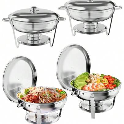 Chafing Dish Buffet Set Of 2/4/6 Pack, Round Stainless Steel Food Warmers Buffet Servers Sets With Food & Water Pan, Lid, Frame, Fuel Holder For Catering And Parties