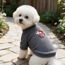 1PC Waffle Knit Dog T-Shirt, Cute Cartoon Puppy Patch Half High Collar Pet Short Sleeve Shirt, Soft Stretchy Daily Clothes For Small Dogs Bichon Maltese Poodle - Dark Grey - View 5