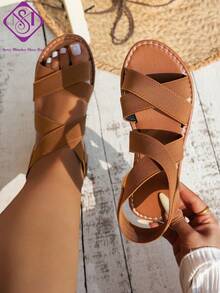 Women's Cross Elastic Strap Flat Sandals, Wide Fit, Solid Color, Comfortable, Minimalist, Outdoor, Beach, Party - Brown - View 1