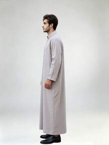 1件淺灰色男士傳統長袍，阿拉伯服飾，Kosa部落，非洲傳統服裝，男士Kurta長裙，適用於齋月、開齋節、婚禮及日常穿著 - 銀色 - 查看 6