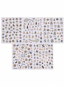 5Pcs Christmas Gold Nail Stickers, Self-Adhesive Metallic Nail Art Decals With Snowflake, Xmas Tree, Reindeer, Snowman & Winter Letter Pattern, Holiday DIY Manicure Decorations Supplies - Multicolor - View 12