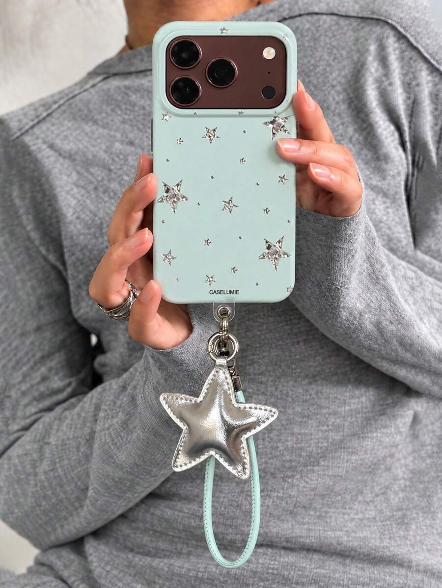 Y2K Cute Bling Star Pattern Glossy Phone Case Compatible With Iphone 18 Pro Max 18 Pro 17 Pro Max 17 Pro 17 16 Pro Max 16 Pro 16 15 Pro Max 15 Pro 15 14 Pro Max 14 Pro 14 13 Pro Max 13 Pro 13 12 11 Stylish Star Pendant ShortRope Soft Protective Cover - Mint Green - View 1