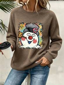 Women Vintage Snowman Graphic Long Sleeve Crewneck Sweater Leopard Border Christmas Winter Top - Earth Gray - View 3