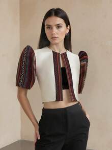 Modern Filipino Style Women's Blouse, Butterfly Sleeve, Spring/Summer Printed Stand Collar Petal Sleeve Colorblock Cardigan, Buwan Ng Wika - Apricot - View 7