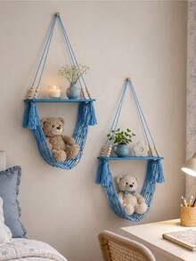 1pc Wall-Mounted Storage Shelf, Hand-Woven Tassel Blue Hanging Rack, Christmas Small Ornament Display Shelf, Home Wall Decor, Holiday Party Background Decoration, Suitable For Bedroom, Living Room, Books, Photo Frames, Aromatherapy, Cosmetics, Plush Ornaments, Dorm Storage, Gift - Multicolor C - View 10