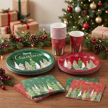 10/20/50/80 Pcs,Winter Holiday Merry Christmas Disposable Tableware Set,Red Green Christmas Tree Pattern 7 Inch & 9 Inch Paper Plates Napkins And 9oz Cups,Party Decor Supplies For Pre-Xmas Family Feast,Winter Solstice Dinner - Multicolor - View 4