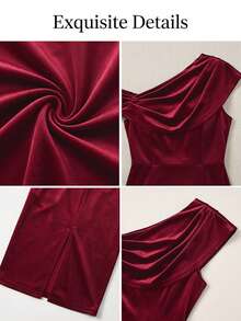 AIJ Robe midi élégante d'automne en velours bleu royal à une épaule, col drapé, dos nu, fente, robe de soirée ajustée, convient pour invitée de mariage, soirée - Rouge foncé - Voir 6