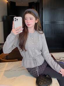Women's Autumn/Winter Raglan Long Sleeve Waist Tie Casual Knit Cardigan - Grey - View 3