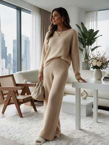 Women's Oatmeal Ribbed Knit Boat Neck Long Sleeve Top & Wide Leg Pants Two Pieces Set, Cozy Casual Loungewear Daily Wear - Oatmeal Color - View 4