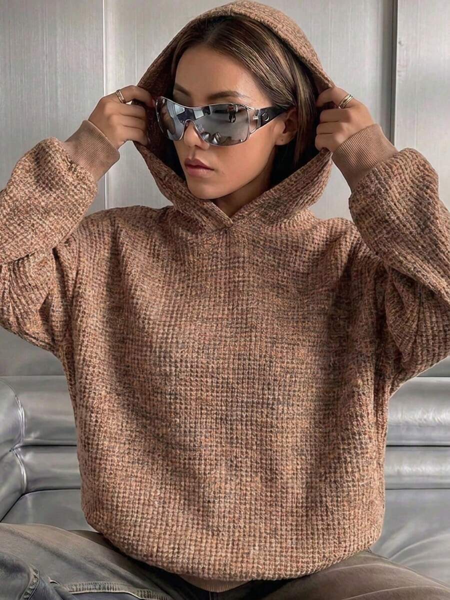 Women's Casual Waffle Knit Oversized Hoodie For Daily Wea Fall/Winterr,Fall Winter Outfit,Winter Fall Clothes,Going Out - Brown - View 1