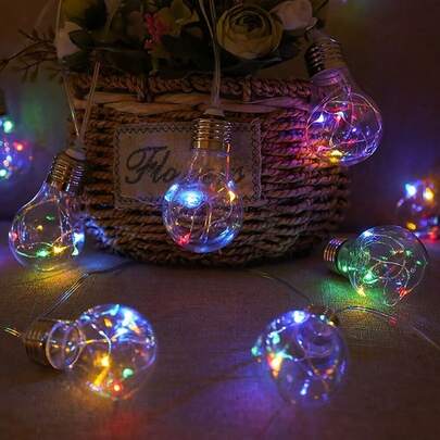 Christmas & Halloween Garden Hanging Light Bulb String Lights, 5m 10LED, Warm White & Colorful Dual Color Options, Realistic Vintage Bulb Design With Transparent Shell And Metal Threaded Cap, Copper Wire Beads Inside, Soft Warm Light For Daily Yard Decor, Colorful Flashing Light For Festive Atmosphere