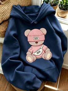 Women's Cute Striped Bear Print Drawstring Sweatshirt, Casual Long Sleeve Loose Pullover Sweatshirt, Suitable For Daily Wear - Dark Blue - View 1