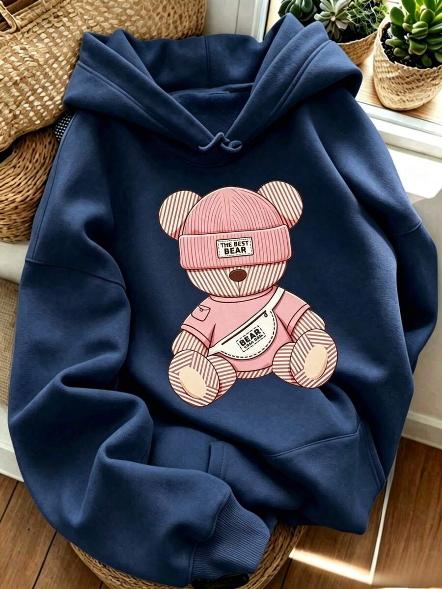 Women's Cute Striped Bear Print Drawstring Sweatshirt, Casual Long Sleeve Loose Pullover Sweatshirt, Suitable For Daily Wear - Dark Blue - View 1