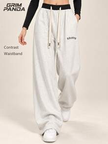 GRIM PANDA Women's Spring Autumn Wide Leg Sweatpants, Contrast Elastic Waist Drawstring Pants, Letter Embroidery Loose Soft Breathable Daily Streetwear Trousers - Light Grey - View 1