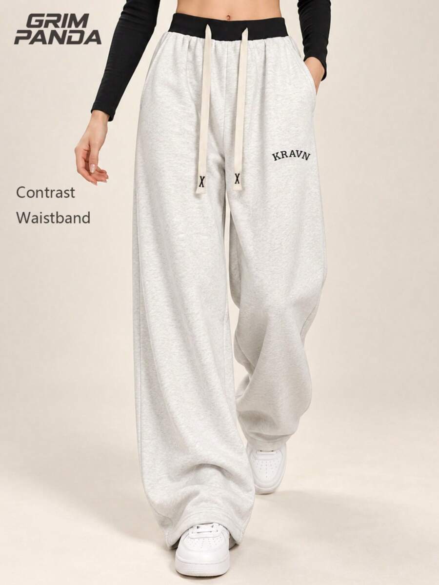 GRIM PANDA Women's Spring Autumn Wide Leg Sweatpants, Contrast Elastic Waist Drawstring Pants, Letter Embroidery Loose Soft Breathable Daily Streetwear Trousers - Light Grey - View 1