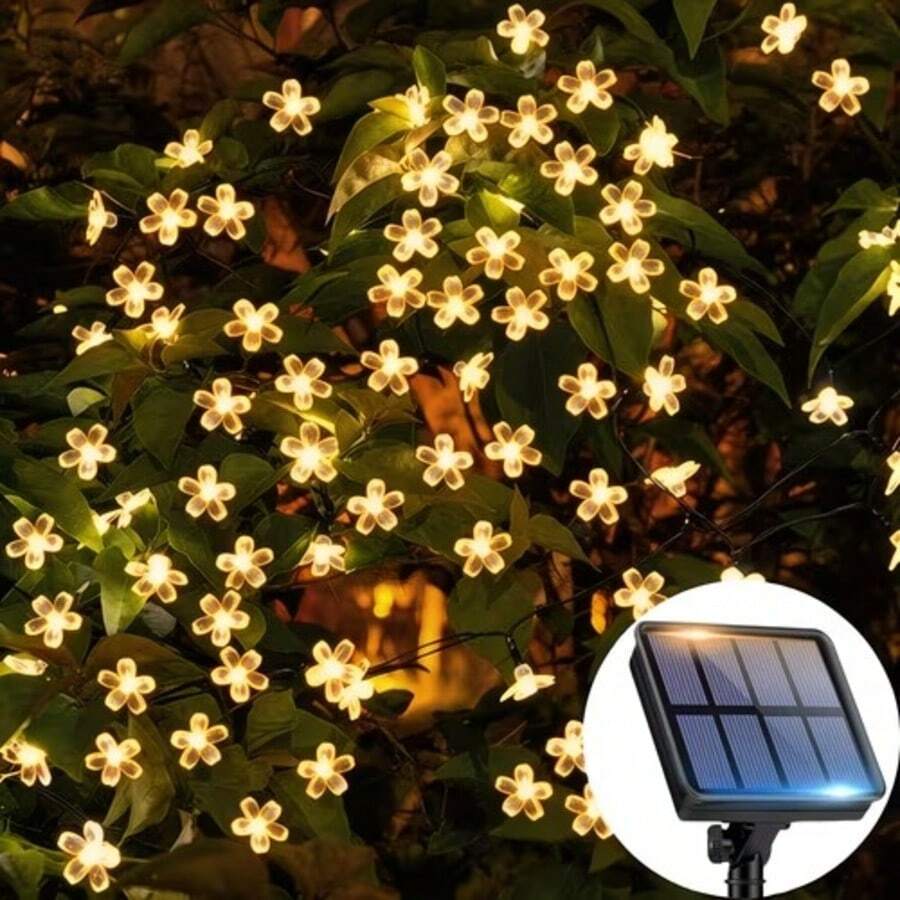 Outdoor Waterproof Solar Powered Cherry Blossom String Lights, LED Artificial Flower Shaped Colorful Lights, Solar Panel Self-Charging, Light-Sensing Automatic On/Off, 12m 100 LED Beads, 8 Lighting Effect Modes. Can Be Wrapped Around Lawn, Greenery, Tree Trunks, Railings, Used For B&B Courtyard Landscaping, Wedding Party, Christmas New Year Scene Decoration, Creating Warm And Healing Outdoor Night View Decorative String Lights.