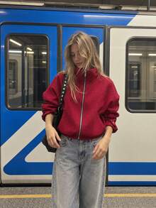 Fashion Plaid Stand Collar Zipper Short Jacket, Casual Loose Long Sleeve Outerwear, Suitable For Autumn - Red - View 2