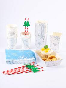 Bộ 24 món đồ dùng bàn ăn dùng một lần Giáng Sinh (bao gồm cốc giấy, khăn giấy, ống hút, hộp đựng bắp rang và hộp đựng thức ăn, họa tiết bông tuyết xanh trắng), phù hợp cho đám cưới mùa đông, tiệc tối Giáng Sinh, buffet ngày lễ và tiệc kỷ niệm văn phòng - Hoa tuyết xanh trắng Giáng sinh - Xem 6