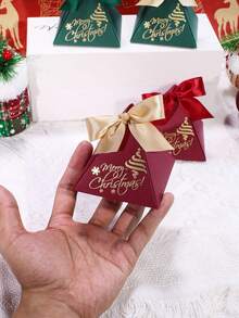 5 Buah Kotak Hadiah Piramida Selamat Natal dengan Pita Satin, Motif Pohon Natal Emas & Kepingan Salju, Kotak Hadiah Mini Elegan Merah Hijau Putih untuk Pesta Natal, Hadiah Liburan, Pernikahan & Acara Meriah - 7,5X7,5X7,5cm - View 8