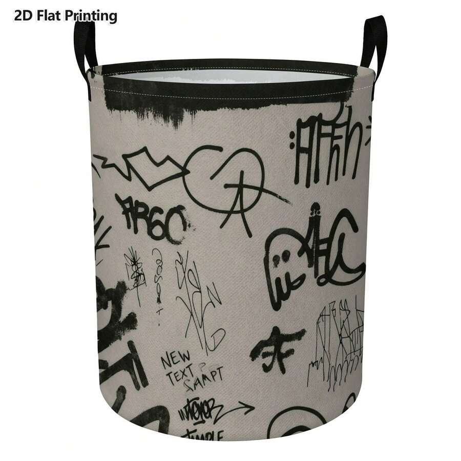 Retro Black Graffiti Label Text Print Cylindrical Laundry Basket, Foldable Storage Basket, Large-Capacity Dirty Clothes And Toy Storage Bin, Suitable For Teen Bedrooms, Dorms, And Bathrooms - Multicolor - View 1