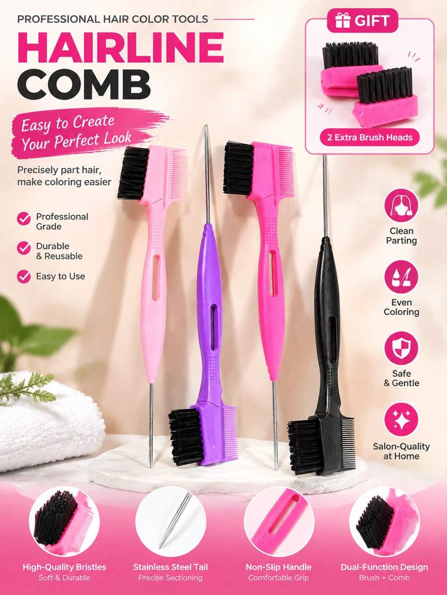 1 Set Multi-Function Hairline Styling Comb, Stainless Steel Needle Frizz Brush Set, Professional Salon Frizz Smoothing Tool, Bathroom Accessory Bathrobe Hair Accessory, Essential Hair Styling Product For Girls Back To School And Travel