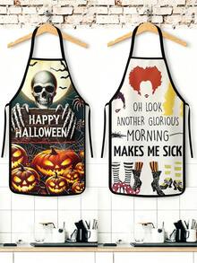 1pc/2Pcs/4Pcs Spooky Dark Halloween Apron, Witch Cauldron Haunted Castle Full Moon Pumpkin Print Apron, Cooking Baking Holiday Costume Apron - Multicolor - View 5