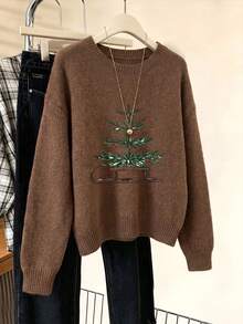 Women's Plus Size Long Sleeve Pullover Sweater, Vintage Hand-Painted Sleigh & Christmas Tree Print, Loose Casual Top, Suitable For Autumn/Winter - Dark Ochre - View 9