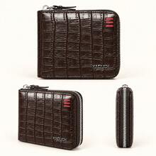 HOVI'S 1pc Black Crocodile Embossed PU Leather Men's Short Wallet, Multi-Functional Large Capacity Zipper Wallet, Card Slot Design + ID Window + Coin Compartment, Full Zipper Closure Business Casual Wallet, Suitable For Commuting, Travel, Daily Use For Men - Brown - View 5