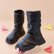 Sepatu bot tinggi anak perempuan berwarna hitam keren dengan detail lipit, resleting samping, dan tiga gesper, cocok untuk dipadukan dengan pakaian sehari-hari di musim gugur/musim dingin. - Hitam - View 5
