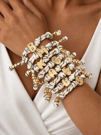 Bohemian Style Elegant Minimalist White Nylon Rope Woven Knot Bracelet, Decorated With Copper Letters, Perfect For Vacations And Daily Wear