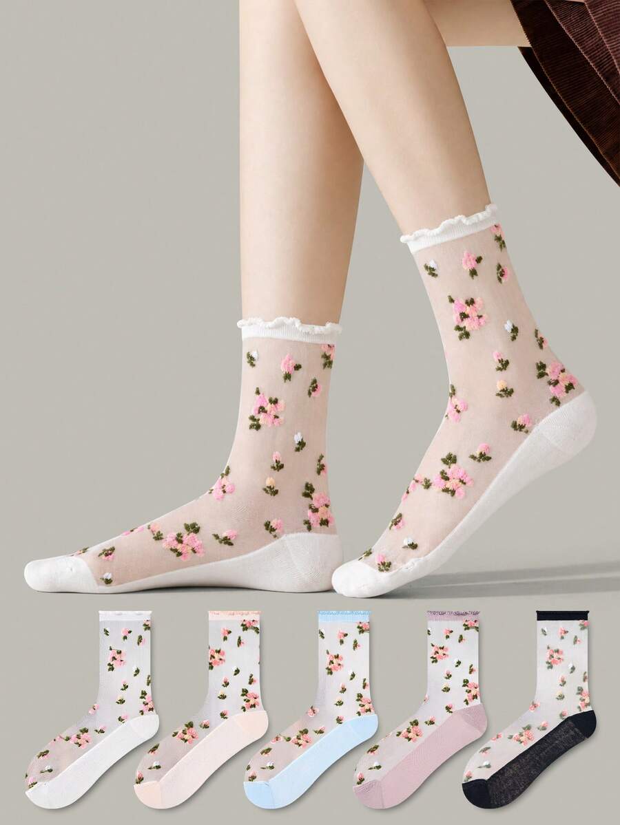 ZUJO 5 Pairs Women's Mesh Transparent Mid-Calf Socks, Floral Small Pattern, Simple Style, Suitable For Spring, Summer, Autumn Daily Wear, Random Color - Multicolor - View 1