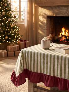 1pc Green & White Thin Striped With Burgundy Ruffle Edge Tablecloth, Christmas Holiday Style Fabric Material, Rectangular Burgundy Ruffle Edge Patchwork Detail, Stain-Resistant Protection, Tabletop Decoration And Beautification Function, Suitable For Christmas Dessert Table Arrangement And Holiday Party Scenes - Red - View 10