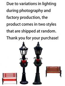 Mini Christmas Street Lamp & Park Bench Set, Holiday Use, Vintage Black Floral Lamp & Mini Wooden Bench, Winter Miniature Landscape 3D Decoration, Suitable For Christmas Desktop Fairy Garden Decor - Multicolor - View 12