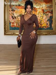 NEW IDEA Women Sexy Elegant Brown Fall Winter Maxi Dress, V Neck Open Back Slit Bodycon For Cocktail Party Gown - Brown - View 6