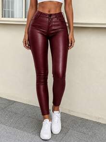 High Waist PU Leather Skinny Trousers - Burgundy - View 1