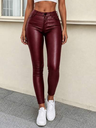 High Waist PU Leather Skinny Trousers