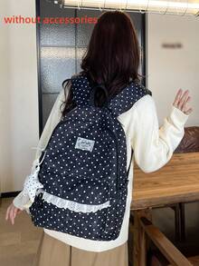 Polka Dot Lace Decor Daypack + Multi Pocket & Lightweight + School Daily Commute + White Black Dots Adjustable Strap Casual Backpack - Multicolor - View 4