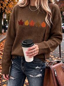 Women's New Round Neck Long Sleeve Sweater, Printed Pattern Top, Fashion Casual Knit Style, Suitable For Daily Commute - Dark Ochre - View 1