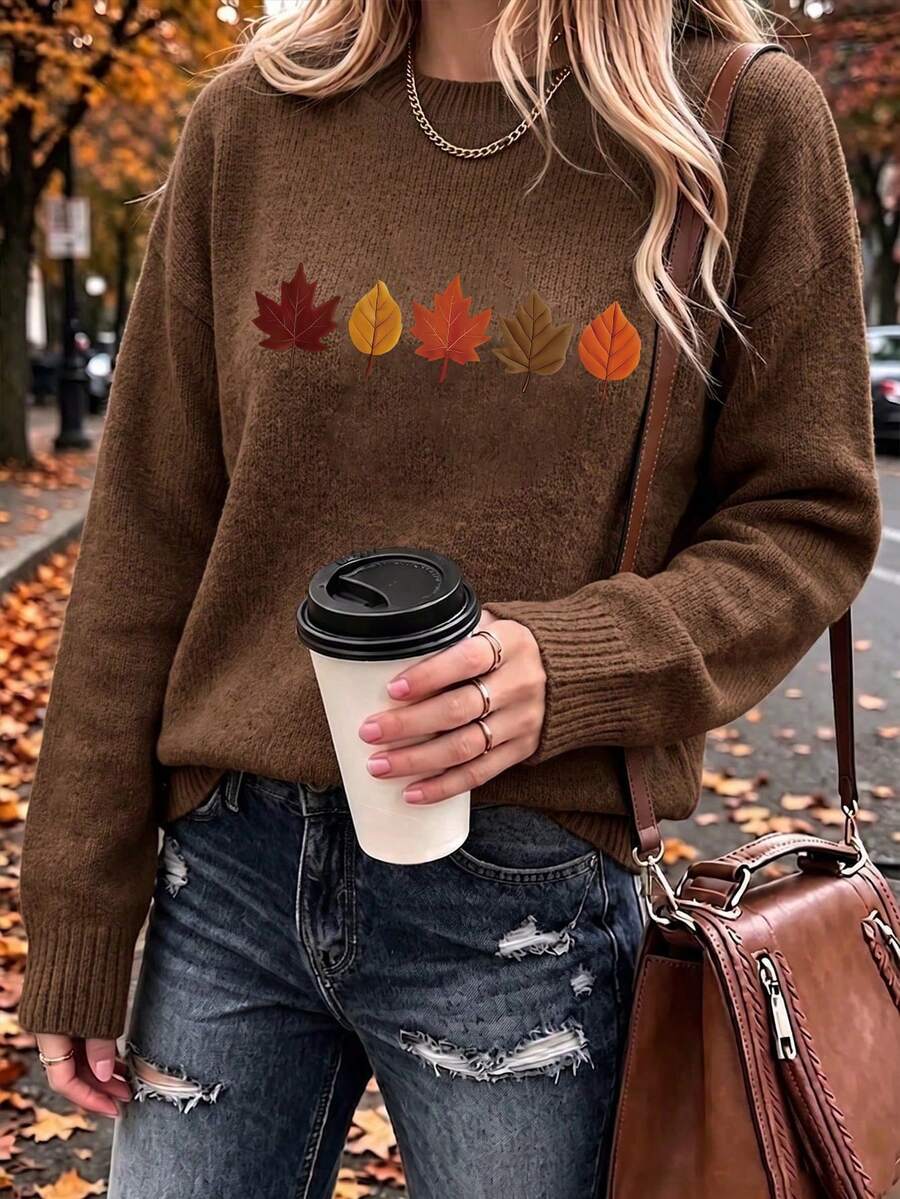 Women's New Round Neck Long Sleeve Sweater, Printed Pattern Top, Fashion Casual Knit Style, Suitable For Daily Commute - Dark Ochre - View 1