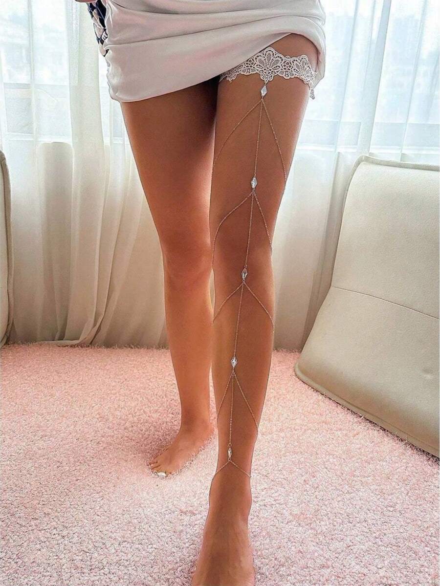 1pc Sexy Lace Rhinestone Tassel Thigh Chain, Fashionable Elegant Elegant Sexy Party Daily Wear Accessory, Holiday Gift, Halloween Accessory, Elastic (Do Not Pull Too Hard, Handmade May Have 1-3cm Error) - White Lace Rhinestone Tassel Leg Chain - View 1