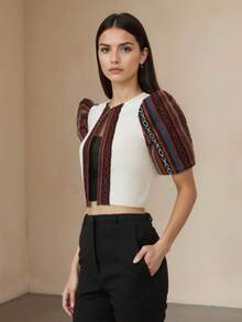 Modern Filipino Style Women's Blouse, Butterfly Sleeve, Spring/Summer Printed Stand Collar Petal Sleeve Colorblock Cardigan, Buwan Ng Wika - Apricot - View 4