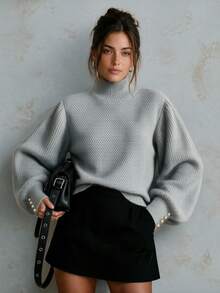 Women's Fall Winter Heather Gray Waffle Knit Mock Turtleneck Lantern Sleeve Pearl Button Cuff Oversized Sweater, Elegant Casual Daily Office Wear - Grey - View 2