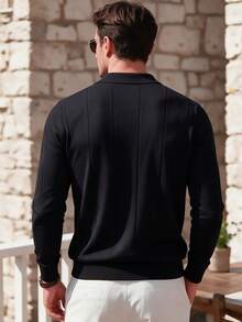 Men's Casual Fashion Long Sleeve Seagull Collar Ribbed Knit Polo Shirt - Black - View 5