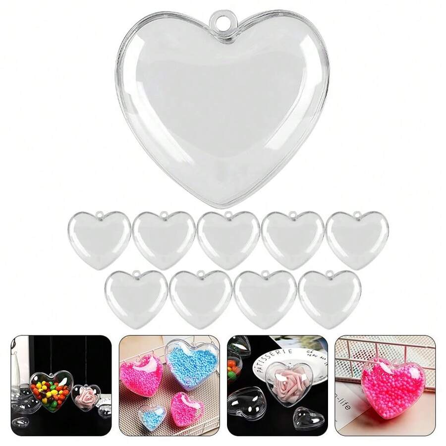 10pcs Transparent Fillable Heart/Round/Star Shaped Pendants, Clear Heart Decorations, Suitable For Handmade DIY Crafts, Valentine's Day Wedding Party Decor, Fillable Craft Heart Decorations