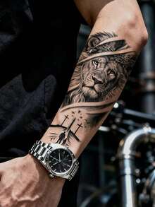 7pcs Men's Temporary Tattoo Stickers, Large Half-Arm Animal & Small Totem Design Set, Realistic Wolf Head, Lion, Dragon, Compass, Skull, Snake Pattern, Waterproof & Scratch-Resistant, Suitable For Men's Arms, Legs, Wrists, Ideal For Parties, Nightclubs, Festivals And Daily Decoration - Halloween - View 3