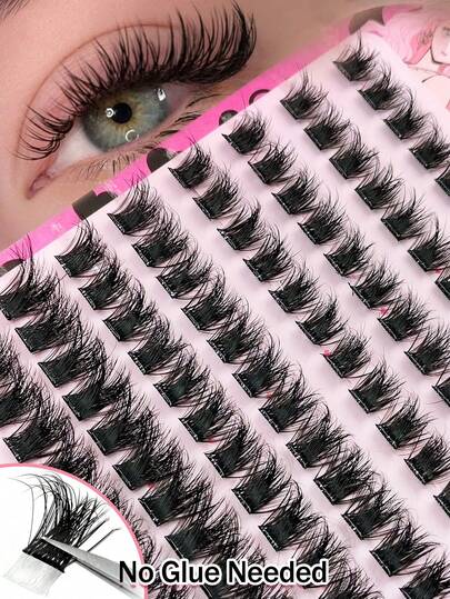 Asiteo 96pcs 3D Fluffy False Eyelash Clusters, Glue-Free & Makeup Remover-Free Cluster Eyelash Extensions, Pre-Glued Eyelashes, Soft Natural D-Curl Single Cluster Eyelashes, 10-16mm, Exaggerated Style Glue-Free Eyelash Clusters